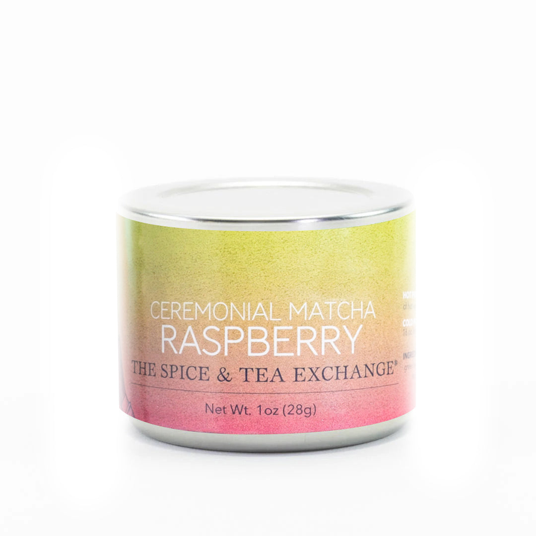 Ceremonial Matcha Raspberry container with a colorful label on a white background